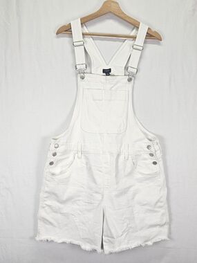 J. Crew White Denim Short Overalls Womens Sz L Raw Hem Bib Shorts White